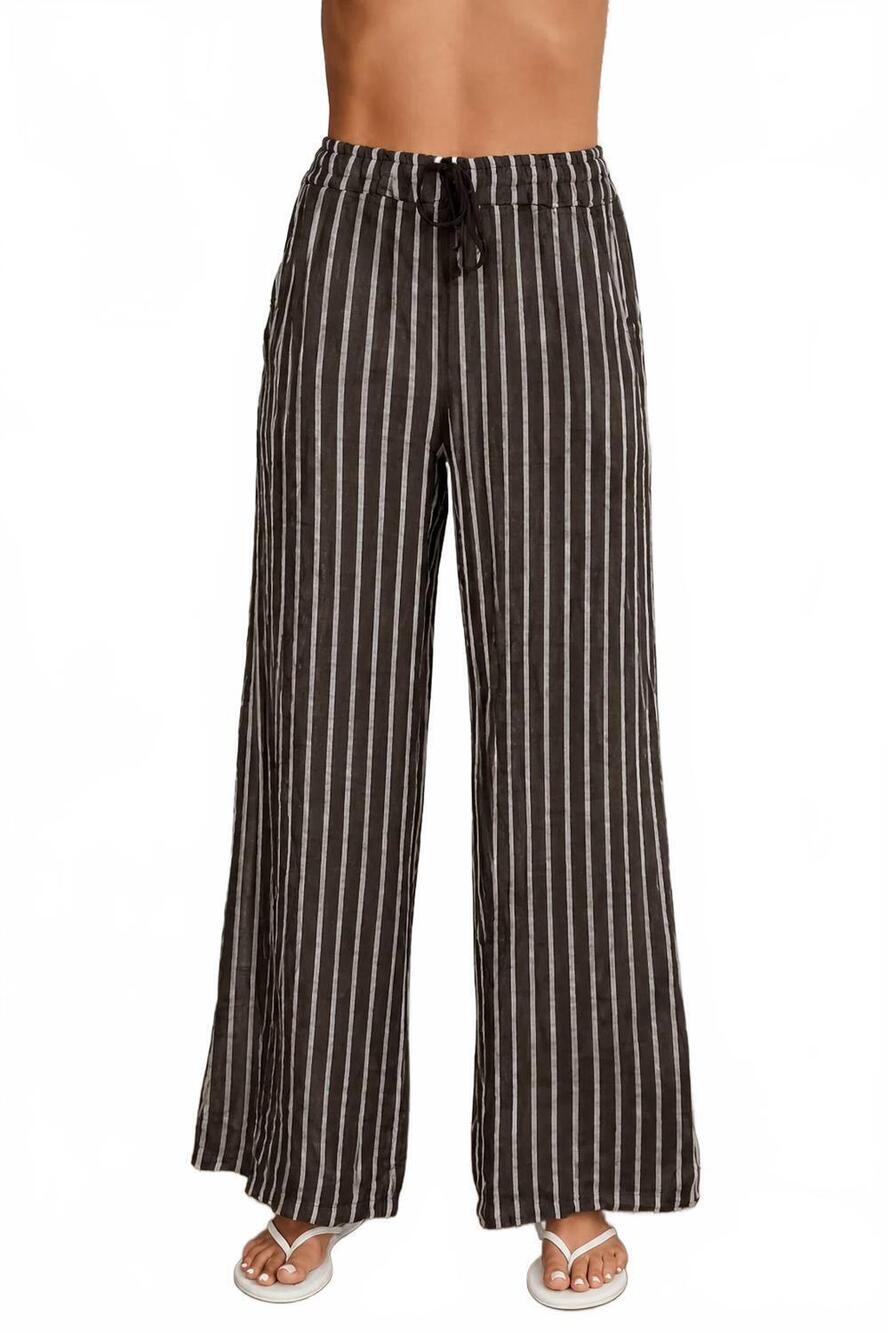 NEW MILIO MILANO striped linen pants with drawstring waist in brown/white